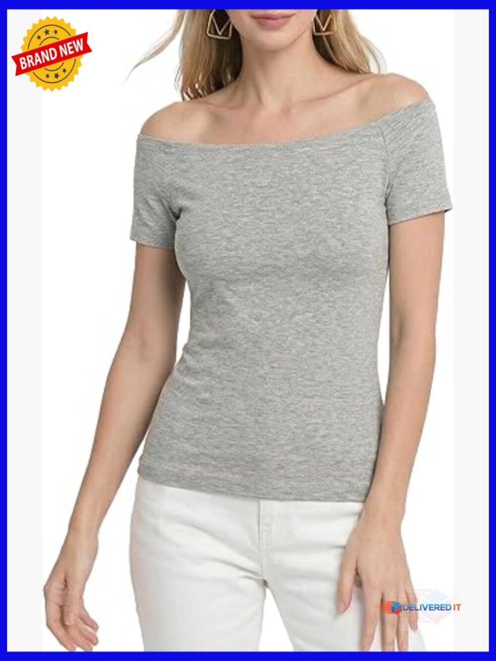 Off Shoulder Slim Fit Tee, Short Sleeve Rayon Spandex Top, Elegant Casual Shirt